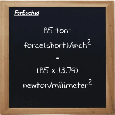 How to convert ton-force(short)/inch<sup>2</sup> to newton/milimeter<sup>2</sup>: 85 ton-force(short)/inch<sup>2</sup> (tf/in<sup>2</sup>) is equivalent to 85 times 13.79 newton/milimeter<sup>2</sup> (N/mm<sup>2</sup>)